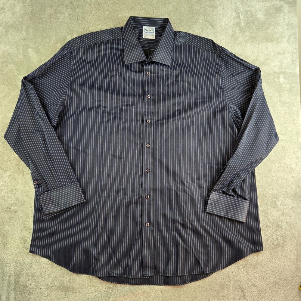 Vintage Sams Tailors‎ Shirt Mens Black Blue Striped Flip Cuff Hand Tailored